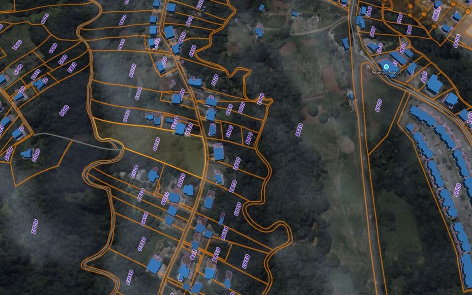 Vue 3D du jumeau numérique de Petit-Bourg : parcellaire cadastral et bâti en relief sur fond orthophoto.